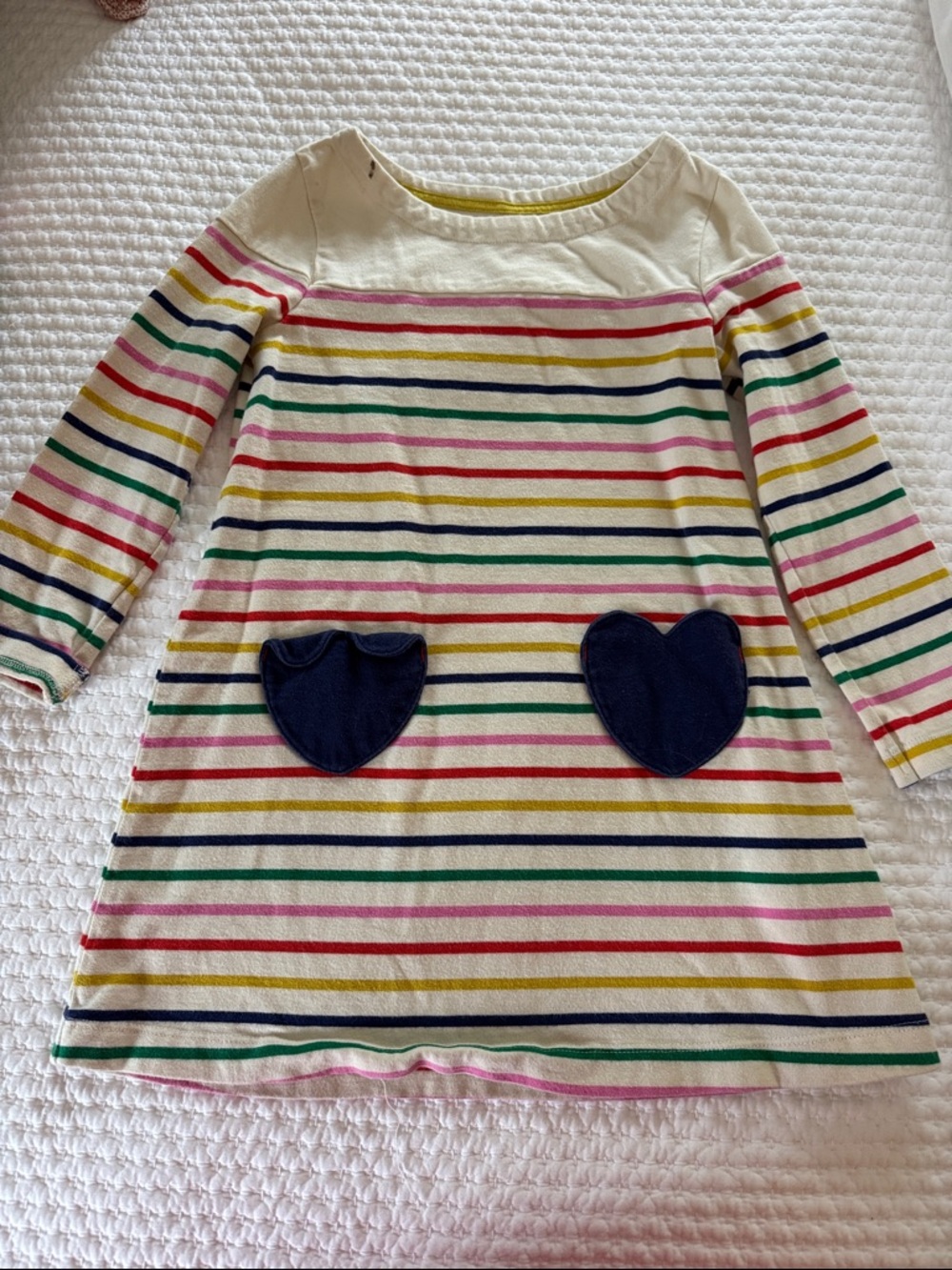 Mini Boden Dress with Multicolor Stripes and Navy Heart Pockets, size 4-5Y